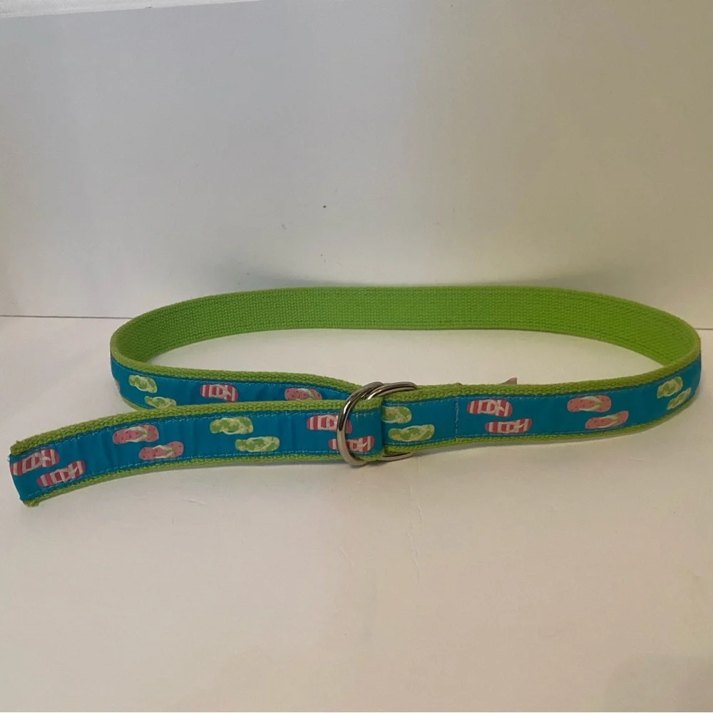 DOUGLAS PAQUETTE BELT GREEN CANVAS WEBBING BLUE FLIP FLOP RIBBON SIZE L USA